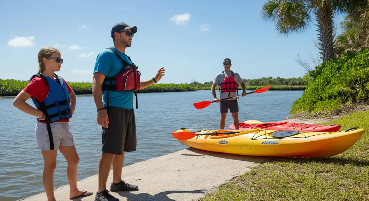 Tour Guide Explaining Kayaking Safety Tips