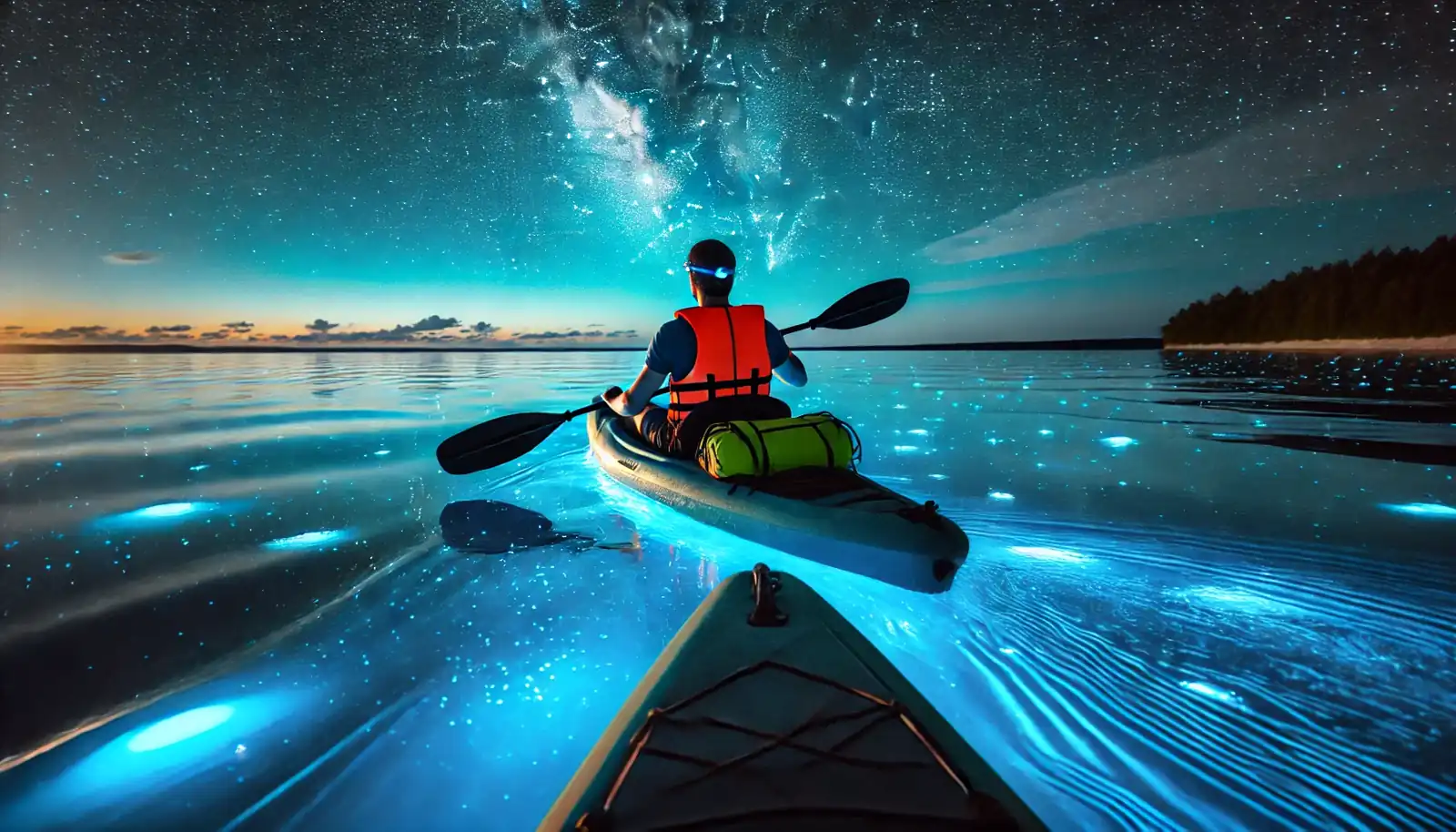 Kayaker Paddling Through Bioluminescent Waters at Night Kayaker Paddling Through Bioluminescent Waters at Night
