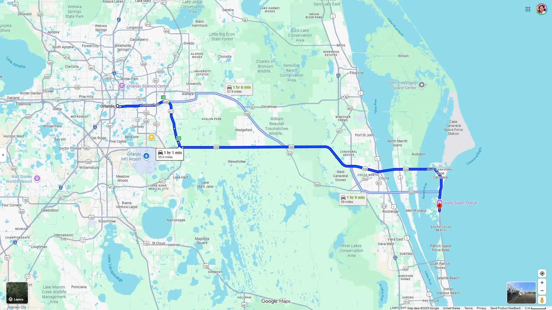 Map showing route from Orlando to Cocoa Beach for kayak tour day trip