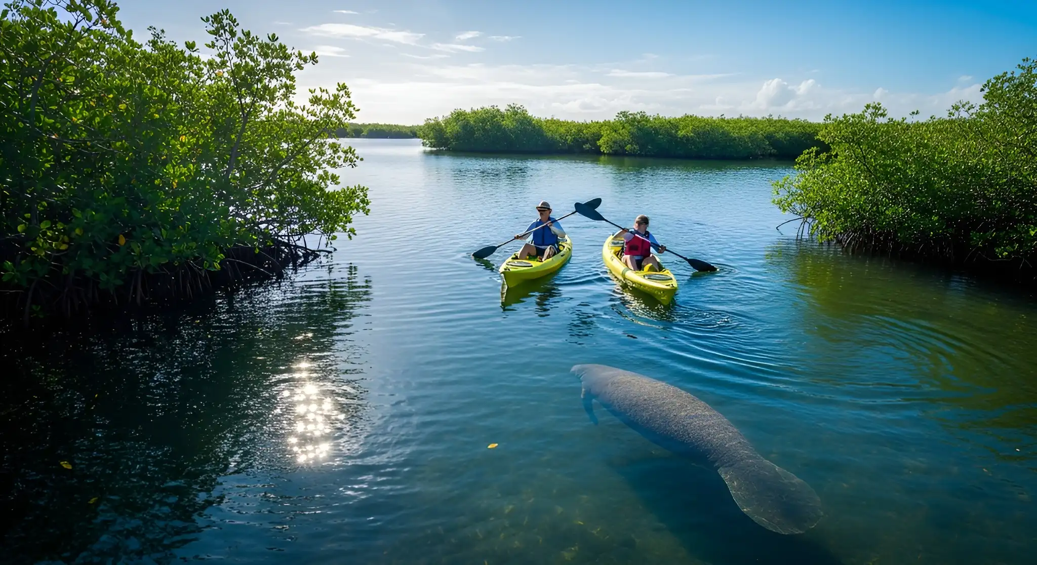 Kayakers paddling near manatees in Cocoa Beach’s Thousand Islands